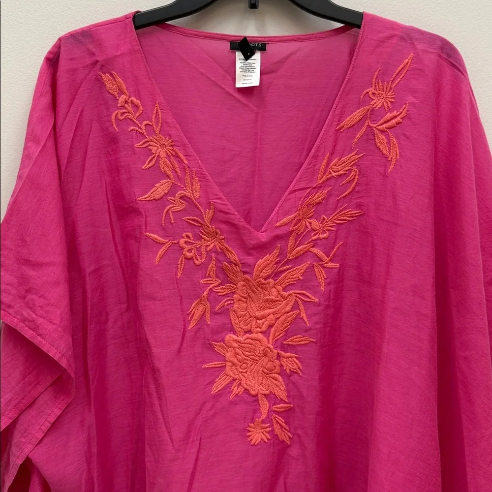 Talbots Fuchsia Caftan Tunic with Orange Floral Embroidery Sz Large! - Picture 2 of 7